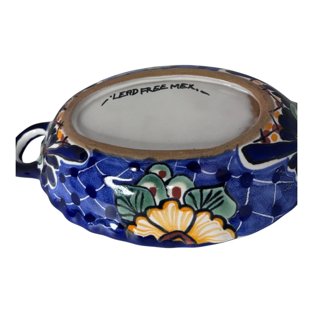 Talavera Mexican Pottery Oval Serving Dish Blue‎ Floral Hand Painted Lead Free